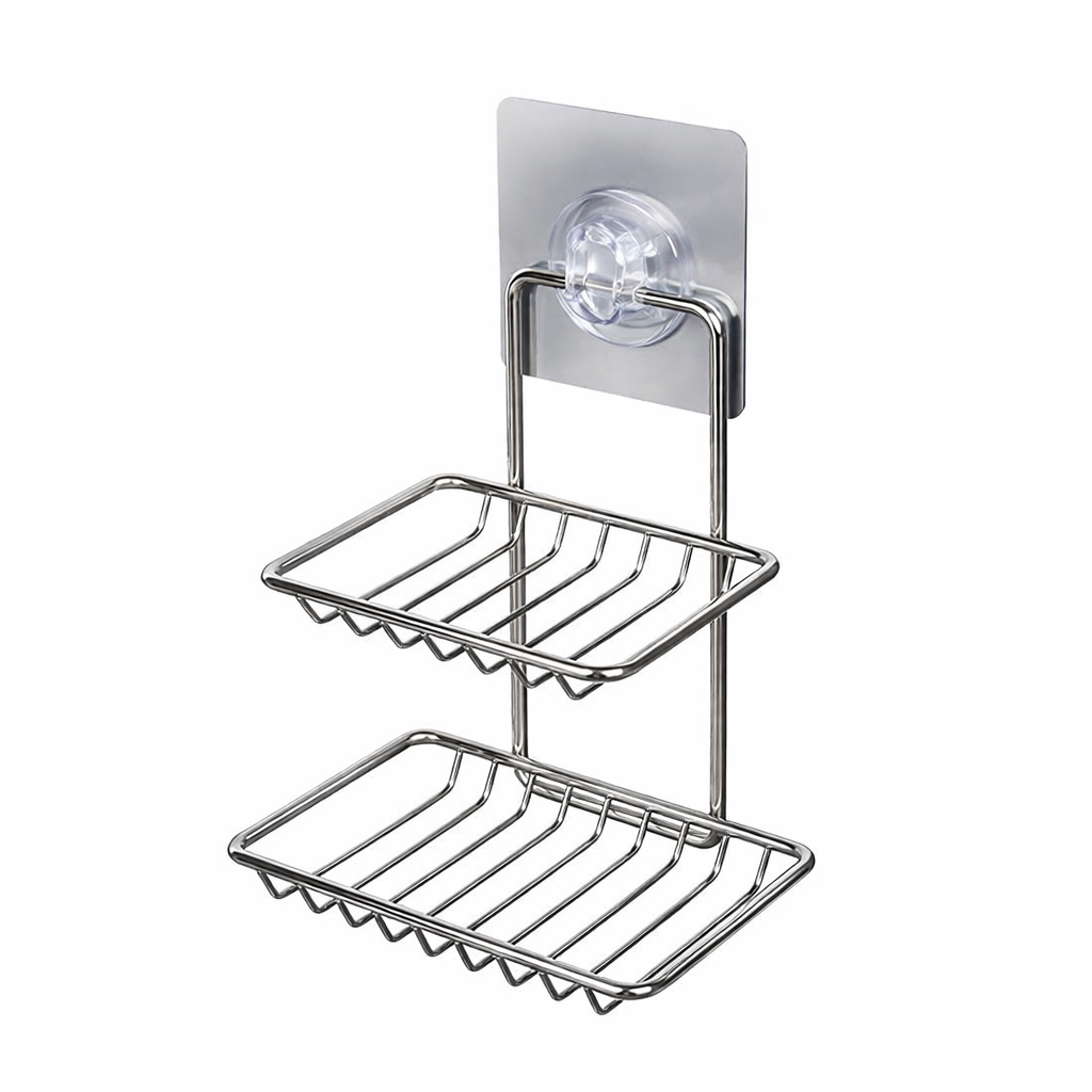 Double Layer Stainless Steel Soap Dish Holder | Wall Mounted Soap Stand for Bathroom &amp; Kitchen | No Drill Self Adhesive Soap Storage Rack (Silver)