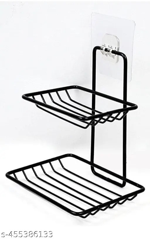 Mantra Double Layer Soap Dish Holder | Wall Mounted Soap Stand for Bathroom &amp; Kitchen | No Drill Self Adhesive Soap Storage Rack (Black)